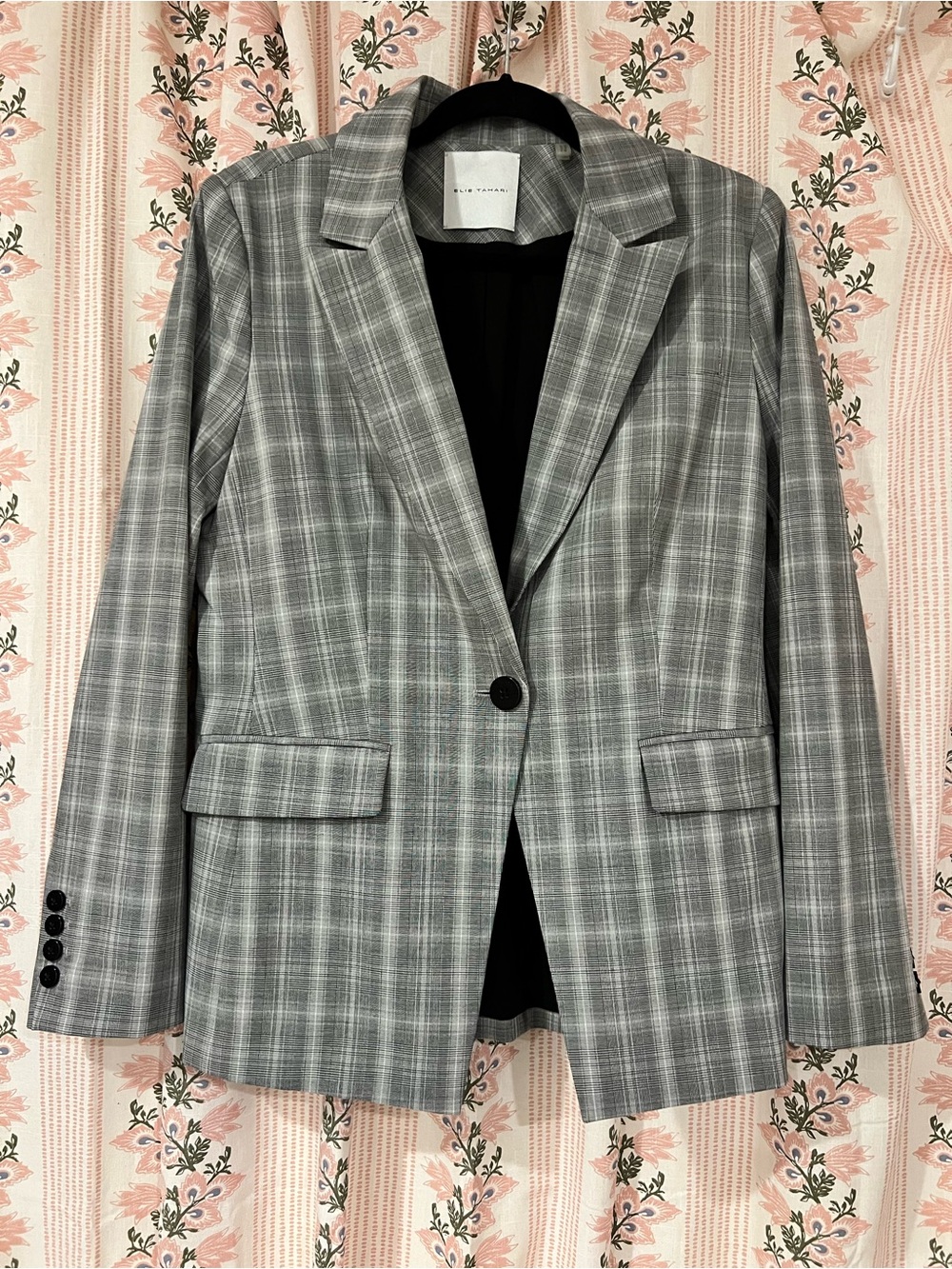 Elie Tahari Grey Plaid Single Button Blazer Jacket Career Office Size 10